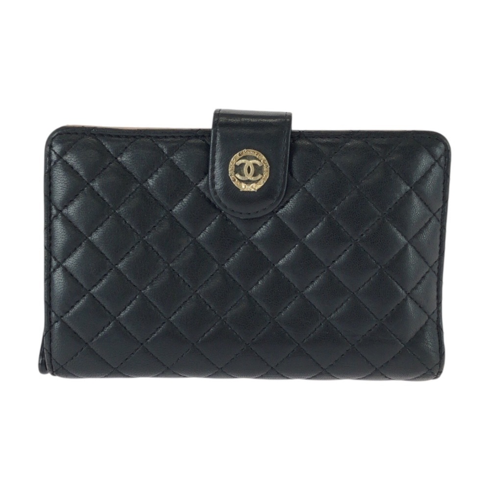 CHANEL Matelassé Coco Mark Black Pink Gold Hardware Leather Folding Wallet Co...